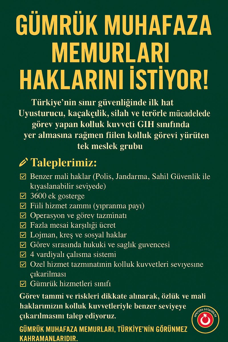 Gümrük Muhafaza Memurlarının Özlük Hakları her geçen yıl çok daha kötüye gidiyor. Göçebe olarak yaşadığımız yetmiyormuş gibi mali ve sosyal açıdan bitmiş durumdayız. Sayica az olduğumuz için sesimizi duyuramiyor olabiliriz ama Adalet herkese lazım!!!

#MemurlaraEkProtokol