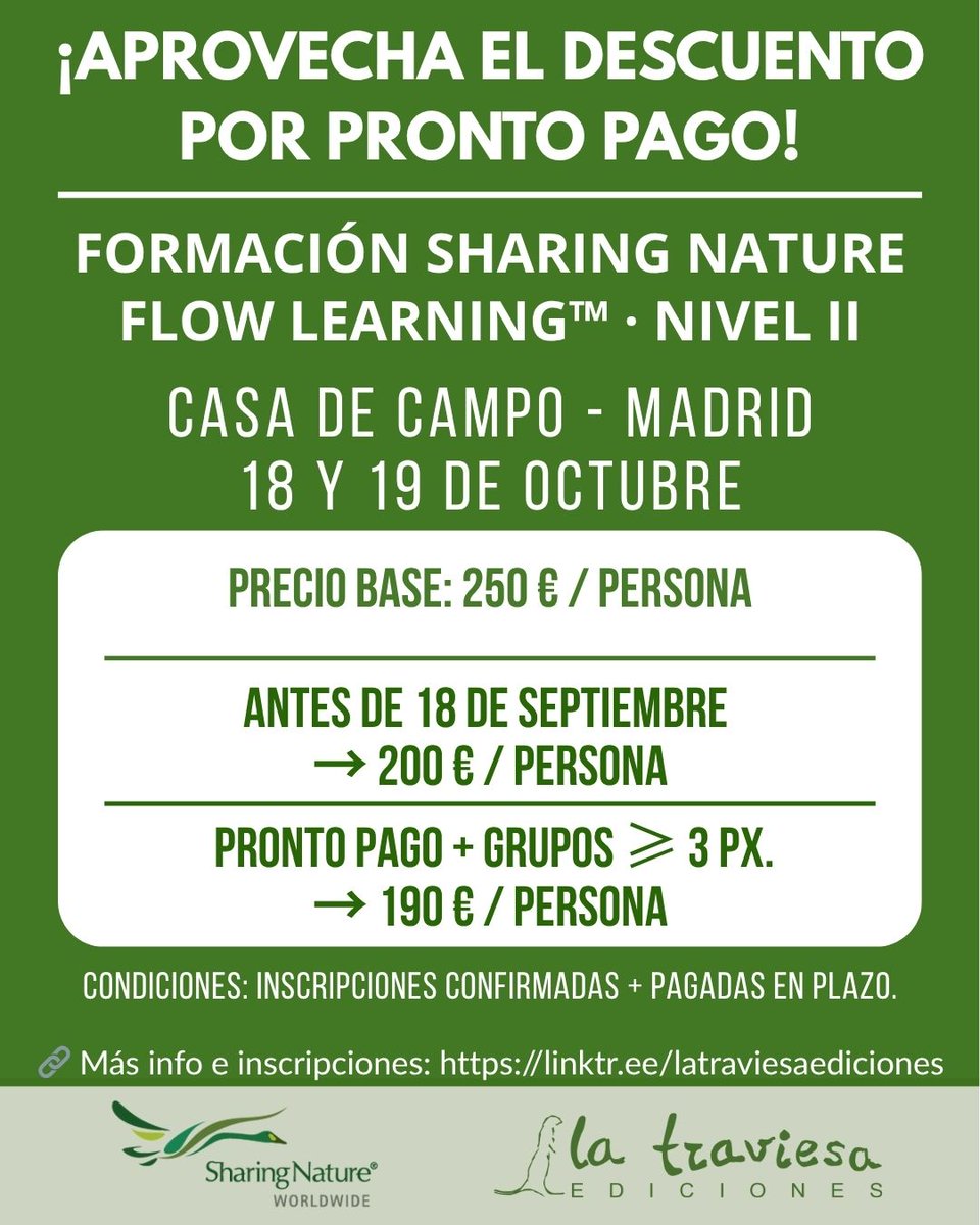 PaquiGodinoRoca's tweet image. 📢 ¡MADRID: ÚLTIMOS DÍAS PARA APROVECHAR EL DESCUENTO! 🌿
Si estás pensando en sumarte a la Formación Sharing Nature – Flow Learning™ (Nivel II) en la Casa de Campo (Madrid), ¡esto te interesa!

ℹ️Más info  e inscripciones:
linktr.ee/latraviesaedic… 

#SharingNature #FlowLearning