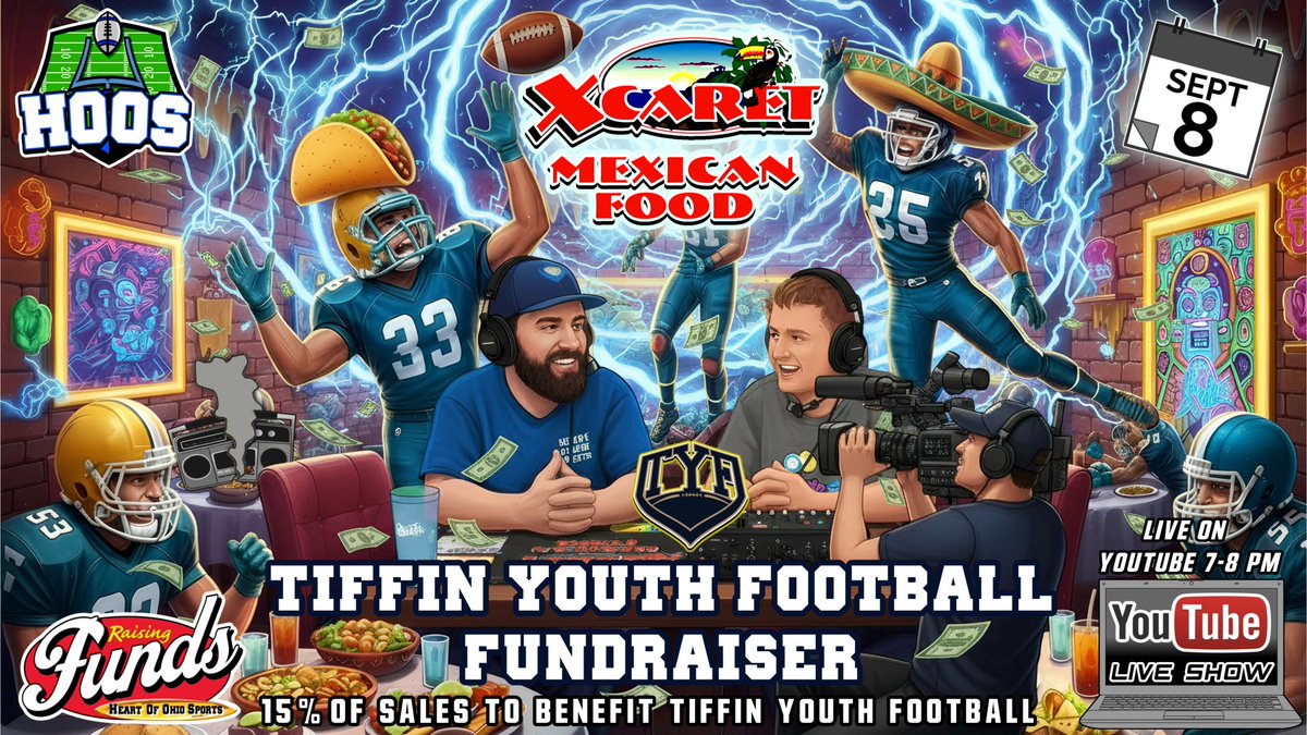 Come on out to Xcaret Mexican Restaurant tonight for the Tiffin Youth Football fundraiser! 

We’ll be live from 7-8pm interviewing coaches and players, with 15% of all sales today going to TYF!

#xcaretmexicanrestaurant #heartofohiosports #tiffinyouthfootball #fundraiser