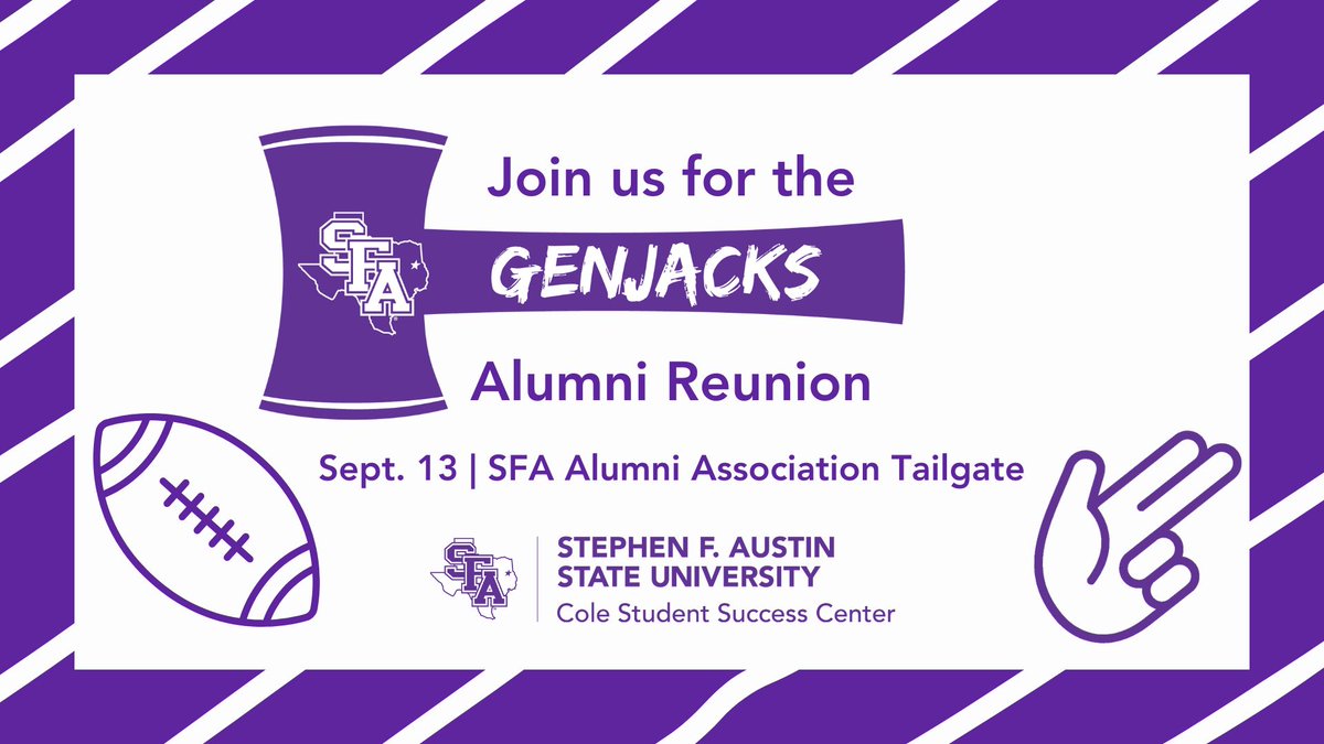 SFASU's tweet photo. Celebrate 10 years of Generation Jacks! ๐๐
Join the Cole Student Success Center at the Gen Jacks Alumni Reunion โ 4 p.m. Saturday, Sept. 13, at the @sfa_alumni tailgate in the Pineywoods Dining Hall Pavilion. ๐ช๐ฒ๐๐ #GenJacks #SFAAlumni #AxeEm https://t.co/w2ucLjnnA4