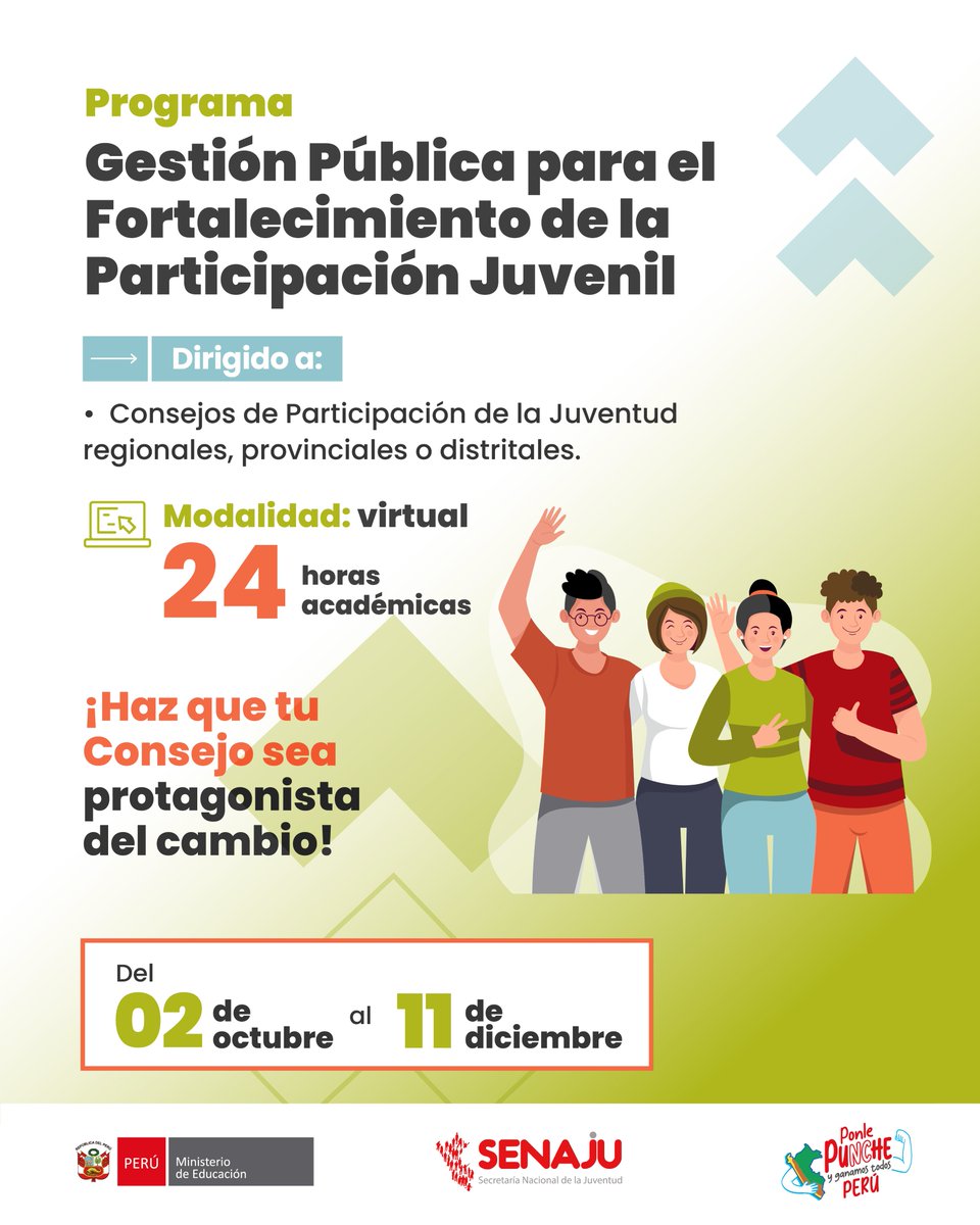 🚀 Jóvenes de los Consejos de Participación de la Juventud (regionales, provinciales o distritales) 🚀 ¡Este programa es para ustedes! 🙌.

Participa junto a tu municipalidad o gobierno regional en el Programa de Gestión Pública para fortalecer la participación juvenil.