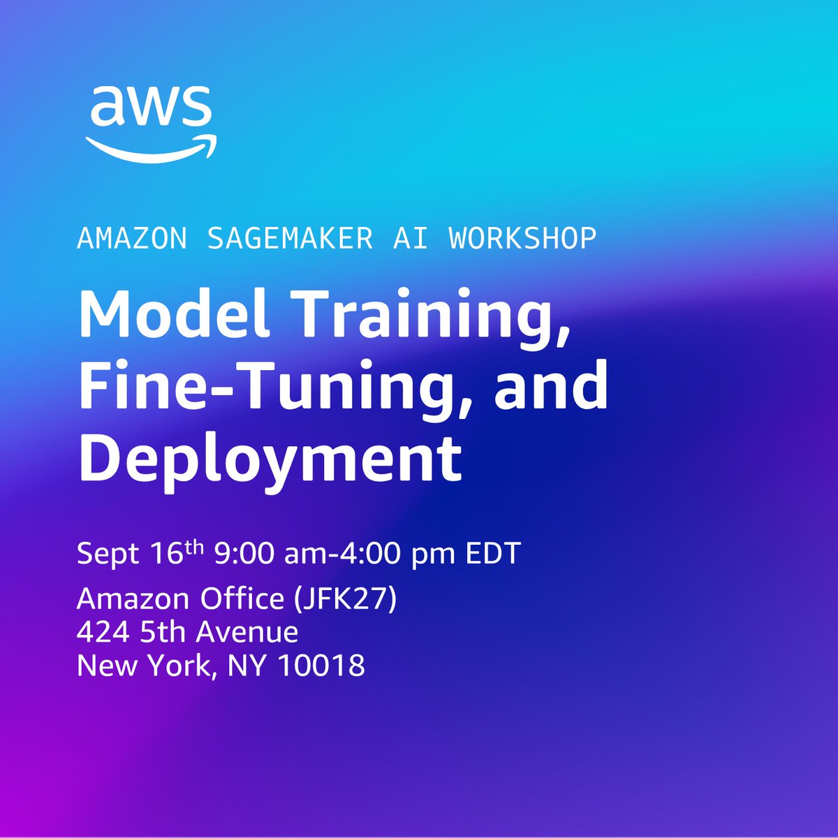 AWSAI's tweet image. Join fellow NYC tech innovators for a deep dive into #AmazonSageMaker AI on Sept 16th🗽📆 🧠 

Register now for an immersive, full-day hands-on workshop designed to supercharge your #machinelearning skills &amp;amp; AI initiatives. #AWS 

👉 go.aws/466XZsQ