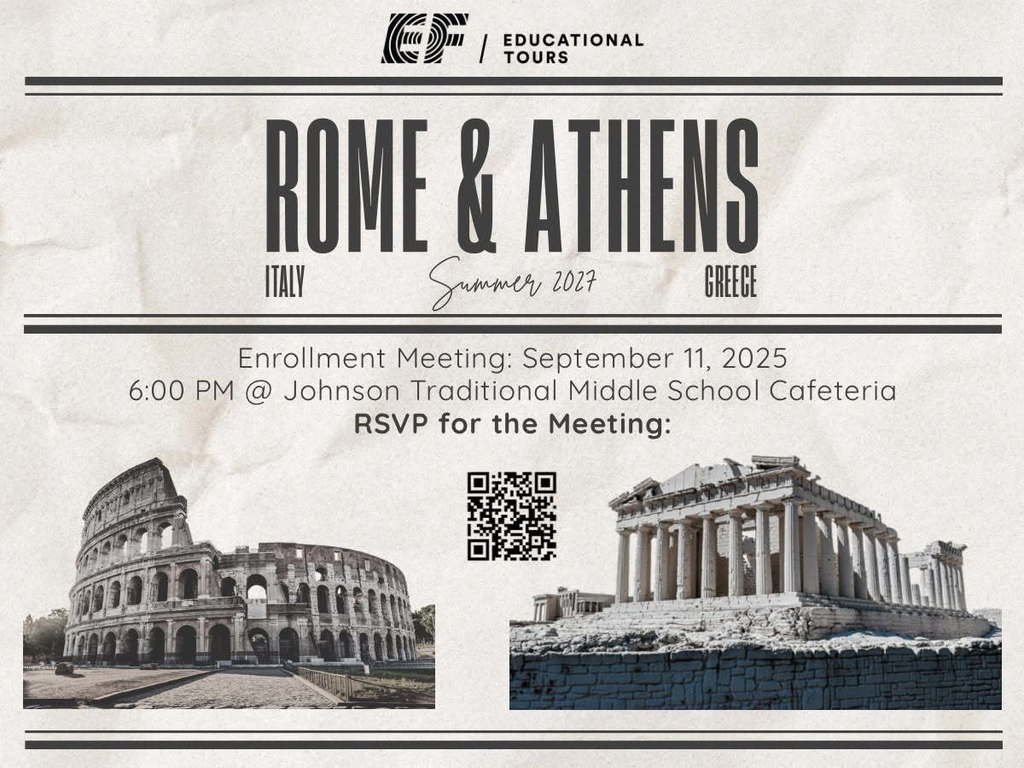 Calling all Jaguar students and families! Interested in traveling to ITALY and GREECE, the informational and registration meeting will take place THIS THURSDAY, September 11th, at 6:00 PM in the cafeteria. Please RSVP for this meeting by visiting rsvp.eftours.com/vxb535d