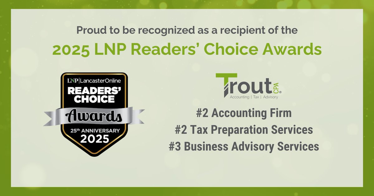 We’re honored to be named a 2025 LNP Readers’ Choice Award winner, placing top 3 in three categories: Accounting Firm, Tax Preparation Services, and Business Advisory Services! 

Read more at: bit.ly/3JWjoxs

#TroutCPALife #LancasterPA #MechanicsburgPA #LNP #Awards