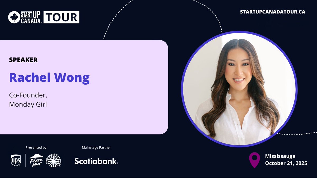 Entrepreneurship isn’t just about the wins, it’s about the struggles, too.

Join us at the #StartupCanadaTour in Mississauga on Oct 21 for a fireside chat on mental well-being in the entrepreneurial world - featuring Rachel Wong of <a href="/joinmondaygirl/">Monday Girl</a>.

🔗bit.ly/startuptour-mi…