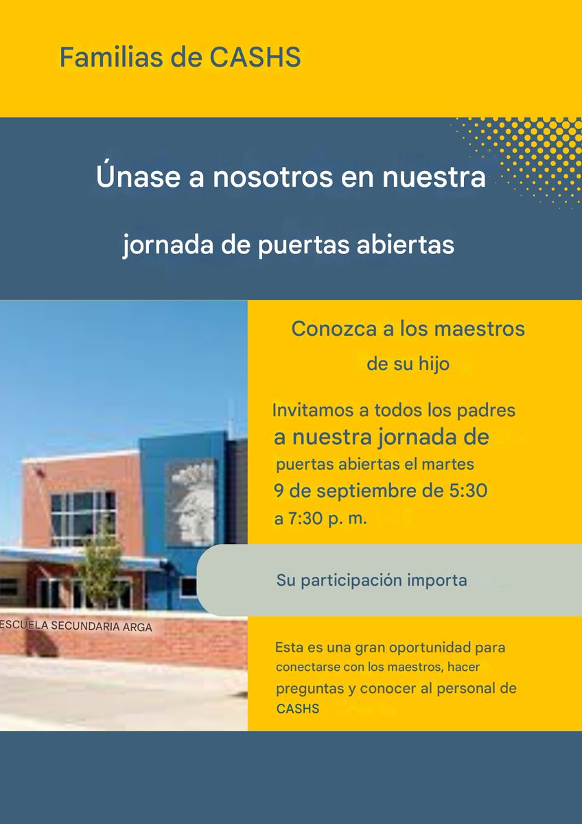 Reminder:📣 CASHS will host an Open House tomorrow, Tuesday, Sept. 9 from 5:30–7:30 PM. Meet your child’s teachers, ask questions, and connect with staff. Your involvement matters! 💙