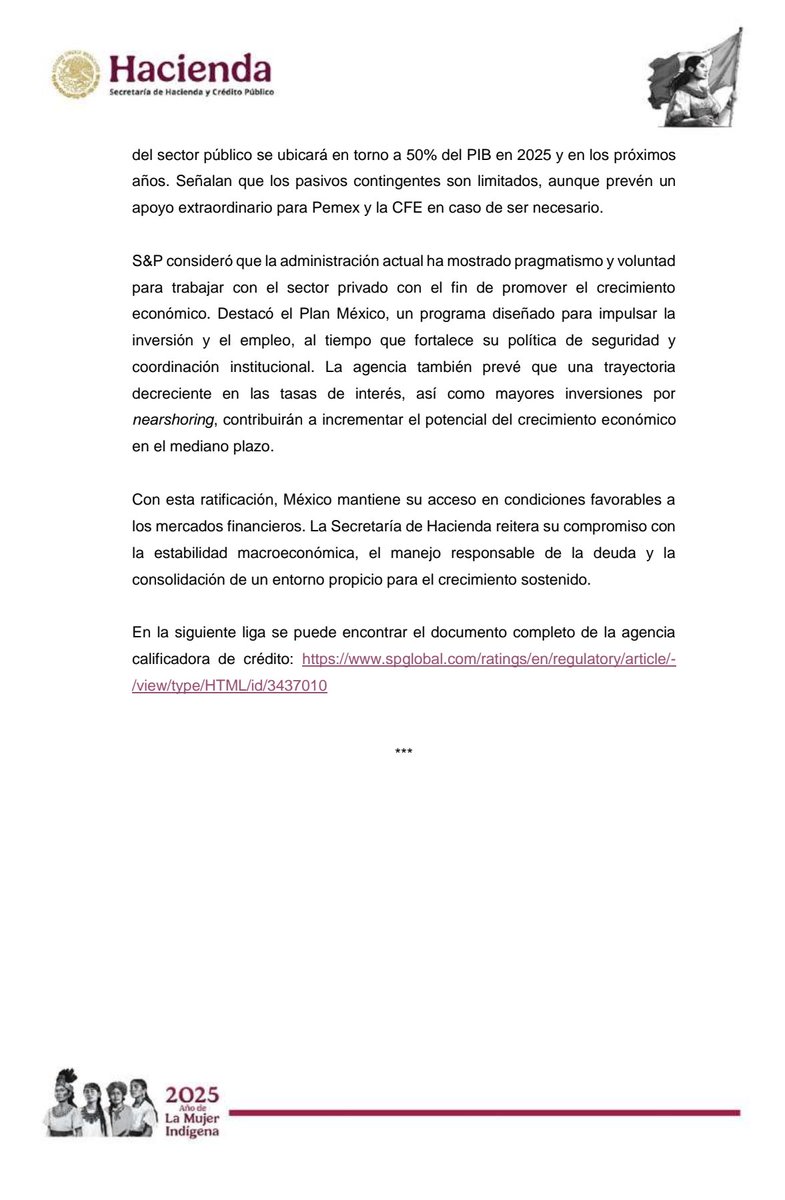 S&amp;P ratificó la calificación crediticia de México en BBB con perspectiva estable.

gob.mx/shcp/prensa/29…

#ComunicadoHacienda
