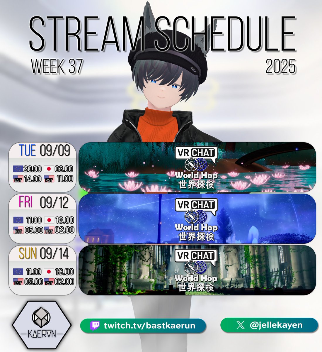 今週のTwitch配信スケジュールはこちらです！
火曜日には特別ゲストの Lilly the Cat さんをお迎えし、新しいワールドをご紹介いただきます！
ぜひVRChatでご一緒に、彼女の美しい新ワールドを探索しながら、色々なお話を聞いてみましょう。
Here is my Twitch stream schedule for this week!
On