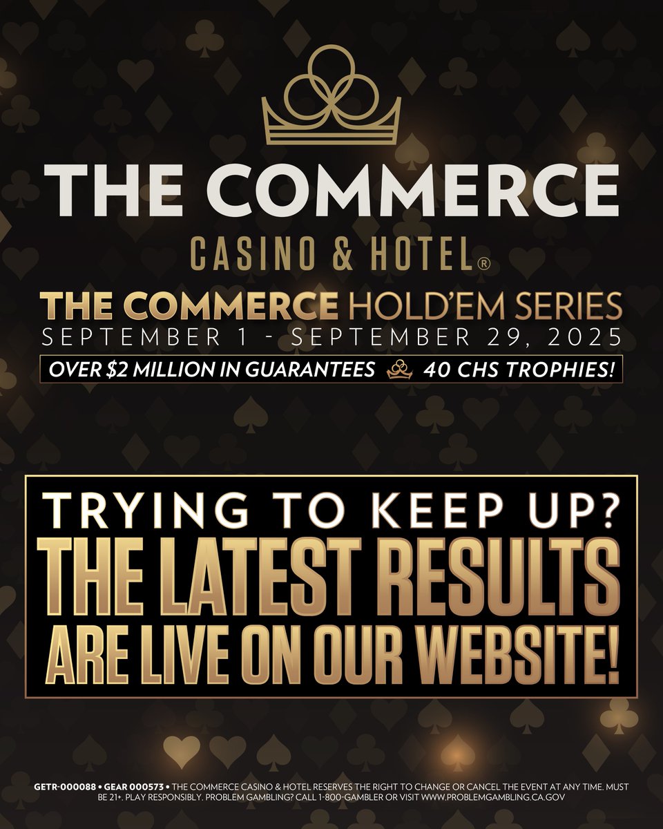 CHS RESULTS ARE IN!

Want to know how the latest event turned out? The results are now live on our website.

Find out who's climbing the leaderboard!

Looking for results from the CHS? Check out the Commerce Casino Tournament page: commercecasino.com/tournament/the… 

#Poker #CHS