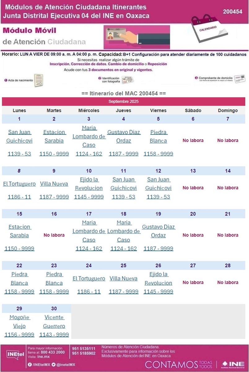 puede acudir a un módulo itinerante , en horario de 09:00 am a 04:00 pm.
Deberás llevar en original:
📷Acta de nacimiento
📷Comprobante de domicílio, no mayor a tres meses
📷Identificación con fotografía.
Este es el itinerario del 𝐦𝐞𝐬 𝐝𝐞 septiembre 𝐝𝐞 𝟐𝟎𝟐𝟓