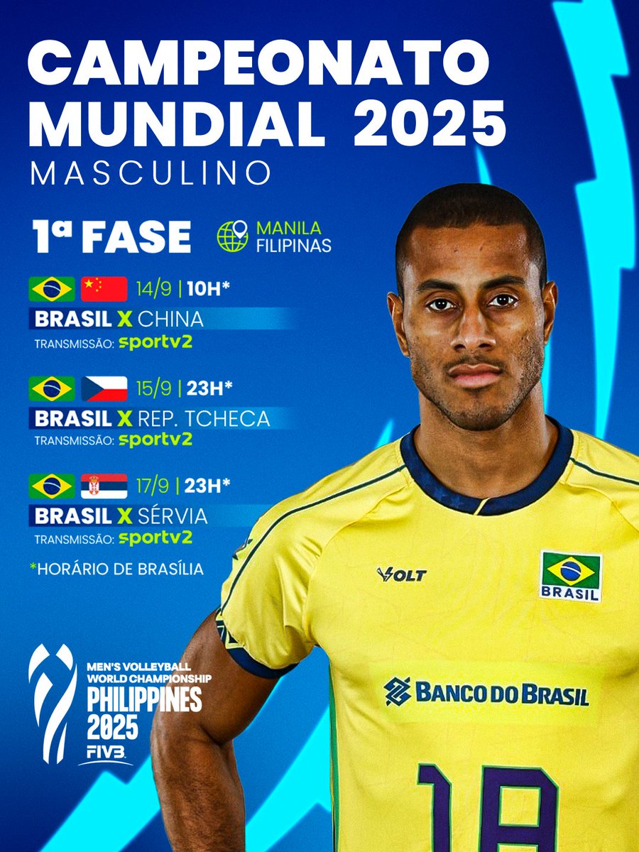 Pelo tetra! 🏆

A jornada da seleção masculina em busca do título do Campeonato Mundial 🌎 começa no próximo domingo, em Manila, nas Filipinas.

Confira as datas dos primeiros jogos do Brasil na competição e vem torcer muito!

📺 Todos os jogos com transmissão do sportv2