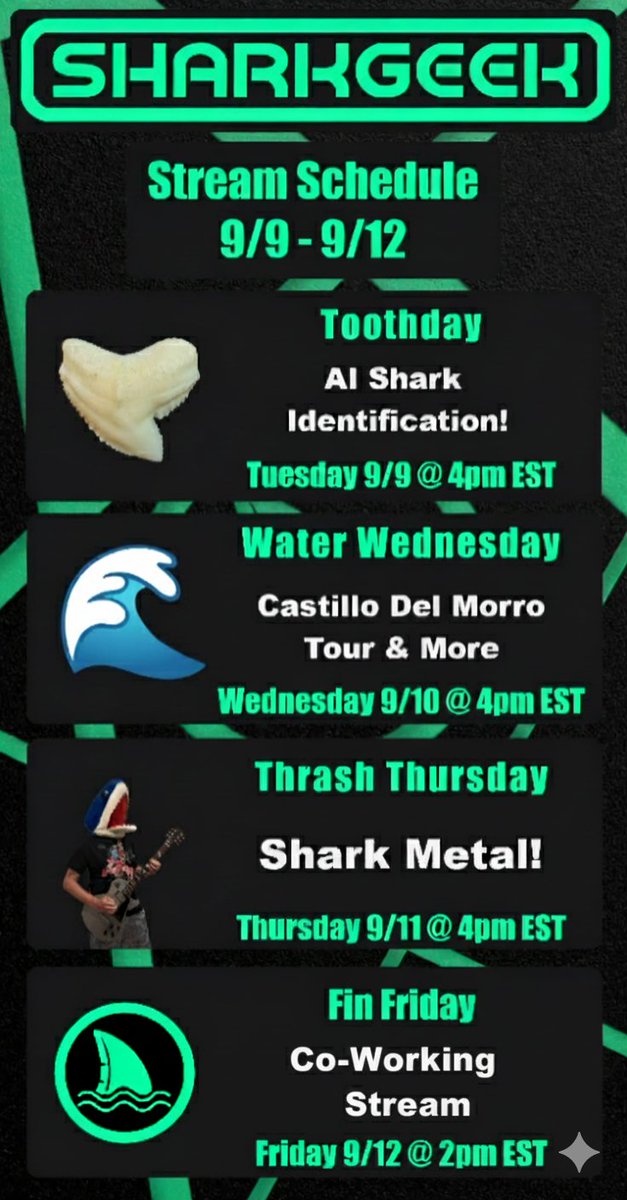 Stream schedule for the week is out now! This week we'll be testing out a shark identification AI, going on a virtual tour of the old sea fort Castillo Del Morro and writing on a thrash metal song about great hammerhead sharks. See you in chat 🤙

#sharks #shark #wildlife #ocean