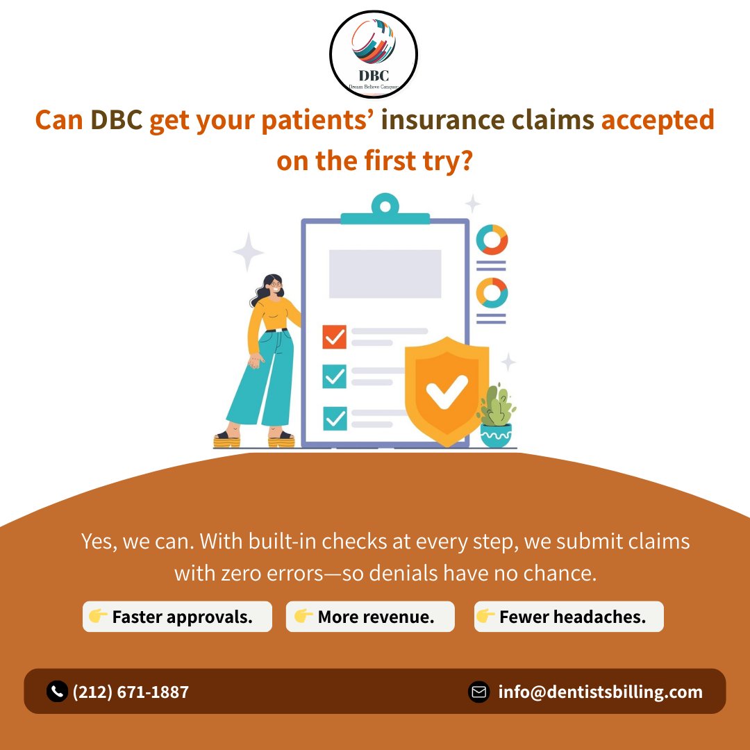 DentistryBilli1's tweet image. With DBC, accuracy meets speed—we handle coding, claims, and follow-ups so your practice gets paid right the first time. 💼💰

#DentalBilling #RevenueCycle #FirstTimeApproval #Dentdesk #StressFreeBilling #RevenueCycleManagement #DentalPracticeGrowth #InsuranceClaims