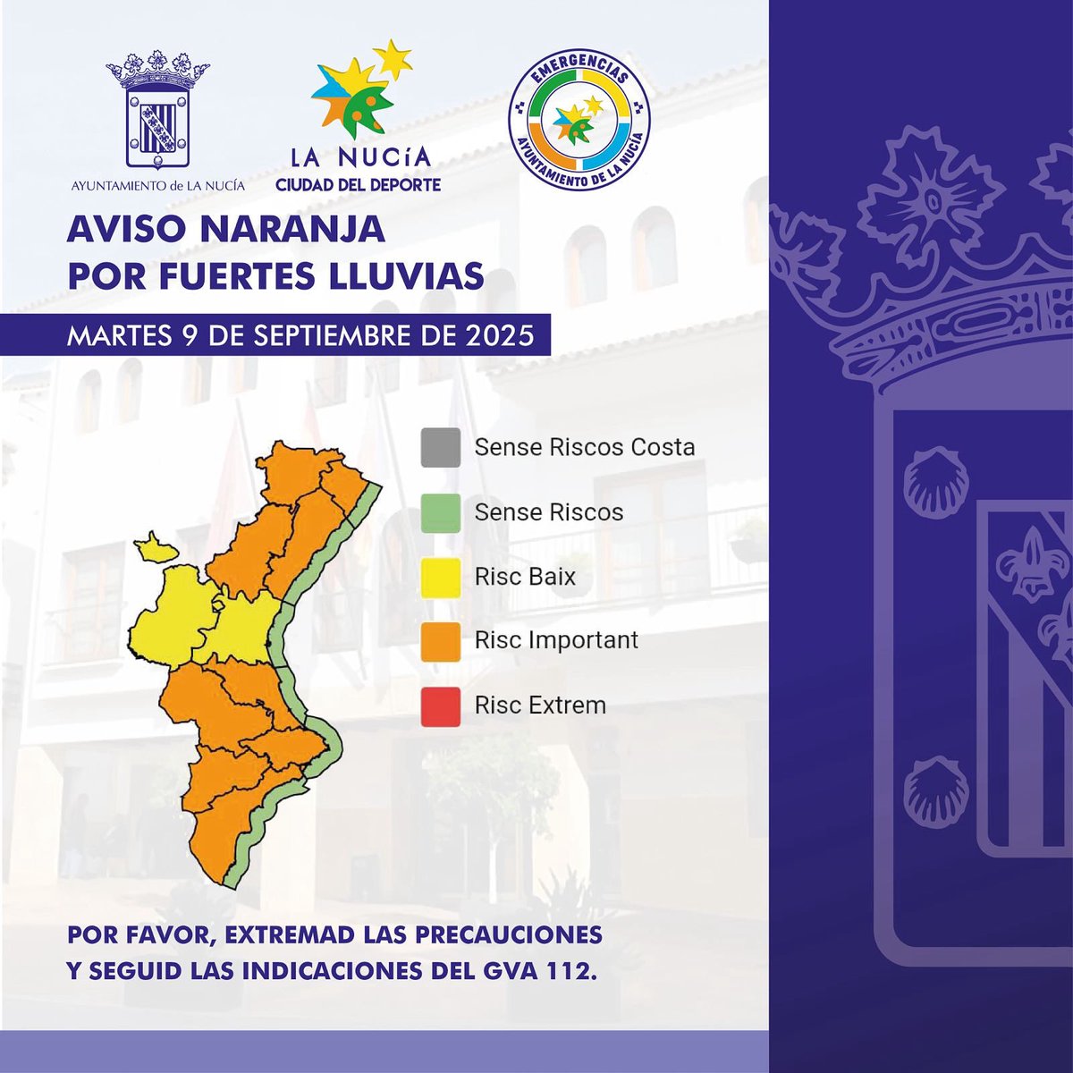 La Nucía (@lanuciaes) on Twitter photo 🟠🌧️ALERTA NARANJA por lluvias y tormentas, en toda la provincia de Alicante, por parte de la Generalitat Valenciana a través del <a href="/GVA112/">Emergències 112CV</a>.
⚠️Extrema las precauciones.
✅Sigue las actualizaciones por los canales oficiales.
👉🏻Para más información: 112cv.gva.es/va/ 🟠🌧️ALERTA NARANJA por lluvias y tormentas, en toda la provincia de Alicante, por parte de la Generalitat Valenciana a través del <a href="/GVA112/">Emergències 112CV</a>.
⚠️Extrema las precauciones.
✅Sigue las actualizaciones por los canales oficiales.
👉🏻Para más información: 112cv.gva.es/va/