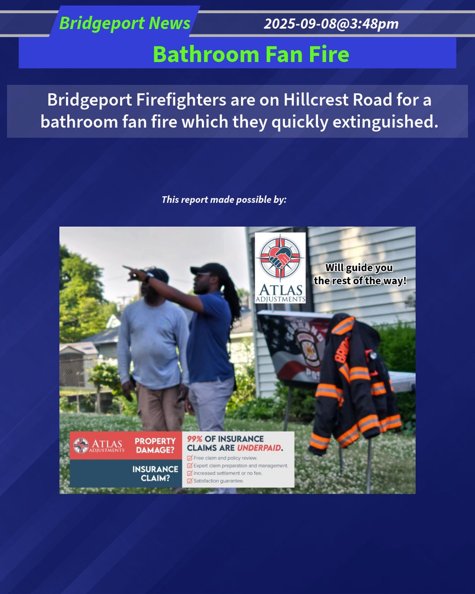 DoingItLocalcom's tweet image. Bathroom Fan Fire
Bridgeport Firefighters are on Hillcrest Road for a bathroom fan fire which they quickly extinguished.
2025-09-08@3:48pm-- #Bridgeport CT #ctfire