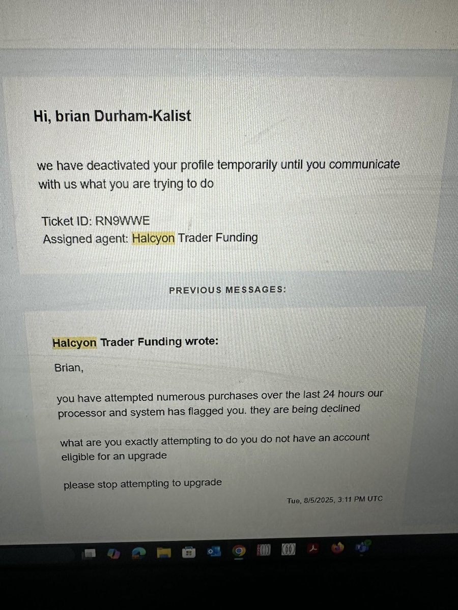 DurhamReport530's tweet photo. Well sucks I have to do this but time to show people how bad @HalcyonTrader1  really is. Not only does their support team suck their CEO is also not for the traders. 

How the fuck could I be charged when I’m locked out of my account. They blame me for their technical issue. https://t.co/5tbjL6eYQv