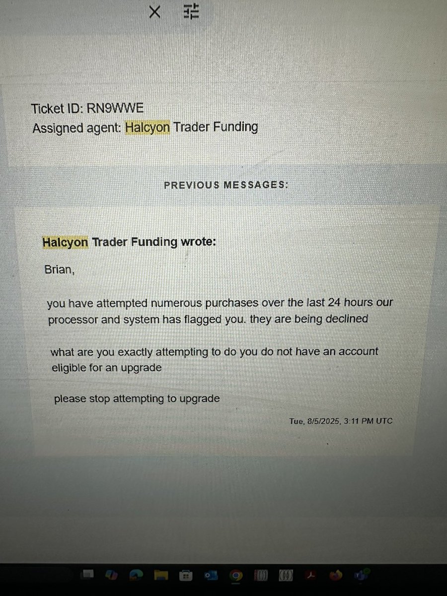 DurhamReport530's tweet photo. Well sucks I have to do this but time to show people how bad @HalcyonTrader1  really is. Not only does their support team suck their CEO is also not for the traders. 

How the fuck could I be charged when I’m locked out of my account. They blame me for their technical issue. https://t.co/5tbjL6eYQv