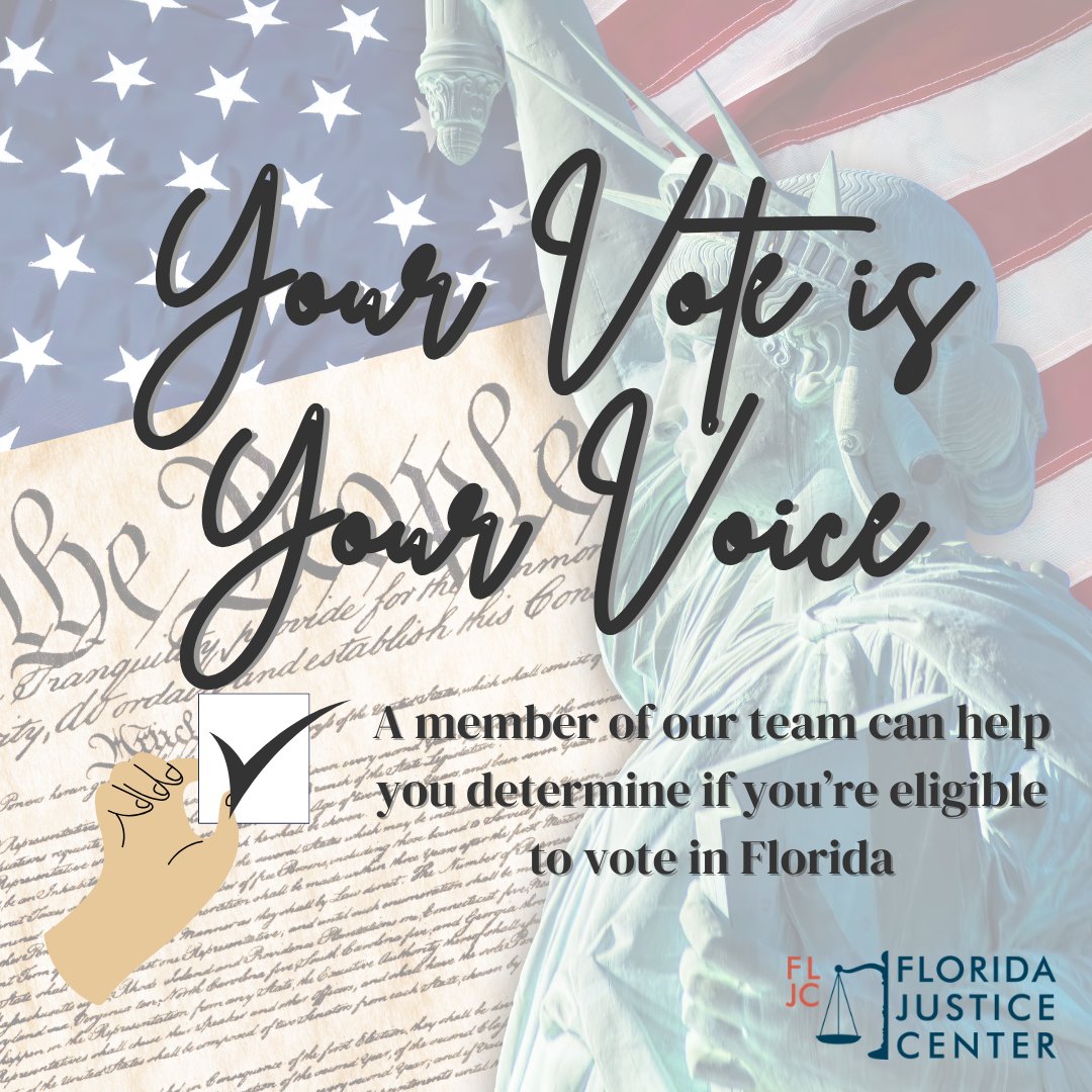 Your vote is your voice and your voice matters.
If you're unsure about your voting eligibility in Florida, we can help. A member of our team can walk you through the process and help determine if you're eligible to vote in Florida. Visit fljc.org to learn more.
