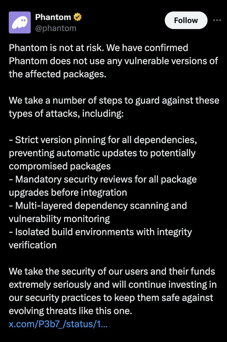 Be careful about signing transactions for the next few hours; however, wallets are reacting and double-checking their dependencies.

Both <a href="/MetaMask/">MetaMask.eth 🦊</a> and @Phantom already confirmed they aren't impacted 🫡

- x.com/MetaMask/statu…
- x.com/phantom/status…