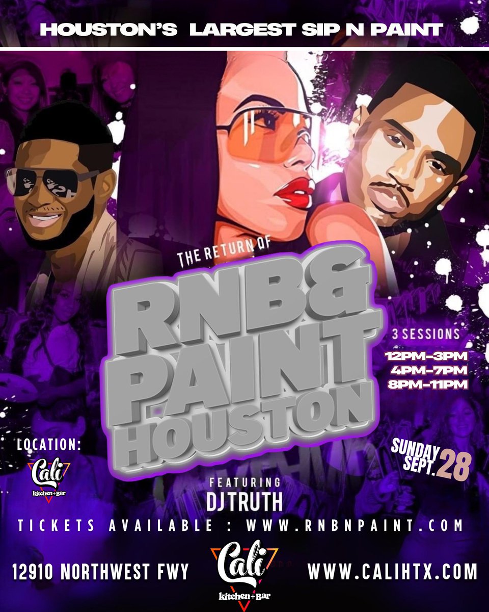 🎶 SEPT 28 | 3 SESSIONS 🎶
 Houston, it’s time 👉 R&amp;B N PAINT at CALI HTX 🖌️🥂
 Tickets just dropped &amp; they won’t last.
 ✨ Ladies night out, birthdays, brunch vibes = LOCKED.
 🎟️ Secure your canvas NOW at rnbnpaint.com