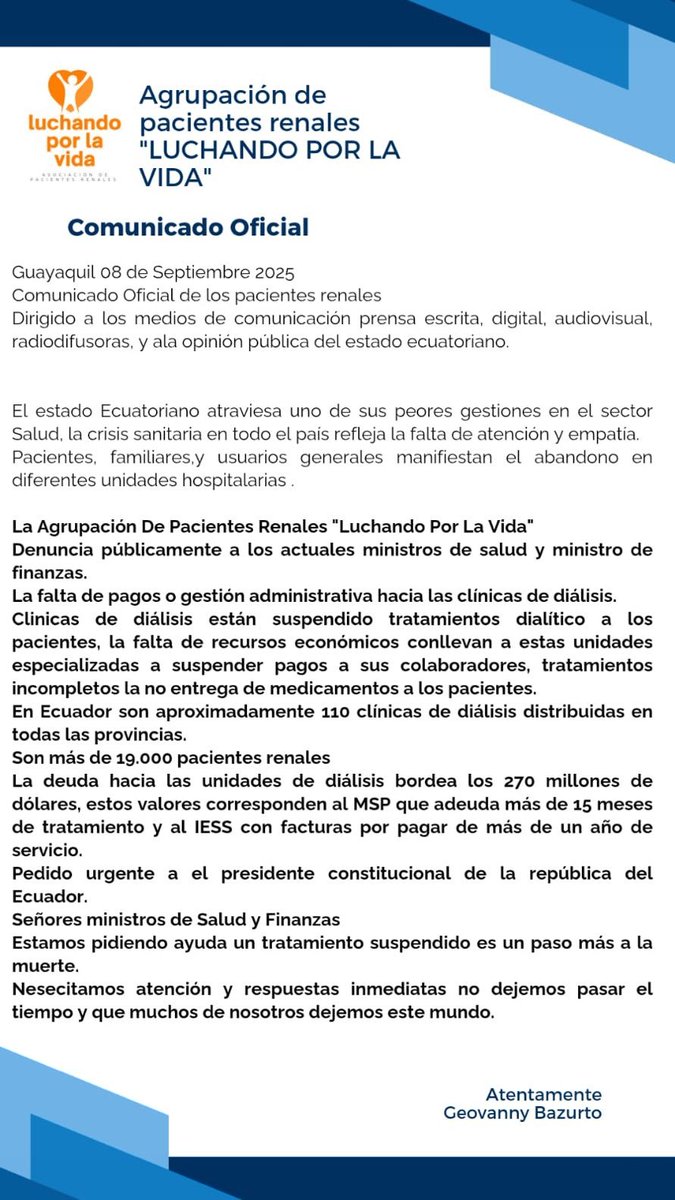 PACIENTES RENALES DENUNCIAN PÚBLICAMENTE A MINISTROS DE SALUD Y FINANZAS POR FALTA DE PAGOS

La Agrupación de Pacientes Renales "Luchando por la Vida" responsabiliza a los ministros de Salud, Jimmy Martin, y Finanzas, Sariha Moya, por la crisis que atraviesan más de 19.000