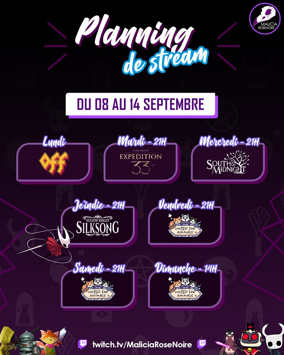 🦇 MaliciaRoseNoire 🦇 (@maliciarosenoir) on Twitter photo ✨ Nouvelle semaine, nouveau planning ! 📆
🔸 Lun : OFF 💤
🔸 Mar à 21h : #ClairObscurExpedition33 🔥
🔸 Mer à 21h : #SouthOfMidnight 🐊
🔸 Jeu à 13h : #Silksong 🧵
🔸 Ven à 21h : <a href="/UfaTwitch/">United For Animals</a> 😻(event caritatif !!)
🔸 Sam à 21h : <a href="/UfaTwitch/">United For Animals</a> 😻
🔸 Dim à 14h : <a href="/UfaTwitch/">United For Animals</a> 😻
🤘🔥🌺 ✨ Nouvelle semaine, nouveau planning ! 📆
🔸 Lun : OFF 💤
🔸 Mar à 21h : #ClairObscurExpedition33 🔥
🔸 Mer à 21h : #SouthOfMidnight 🐊
🔸 Jeu à 13h : #Silksong 🧵
🔸 Ven à 21h : <a href="/UfaTwitch/">United For Animals</a> 😻(event caritatif !!)
🔸 Sam à 21h : <a href="/UfaTwitch/">United For Animals</a> 😻
🔸 Dim à 14h : <a href="/UfaTwitch/">United For Animals</a> 😻
🤘🔥🌺