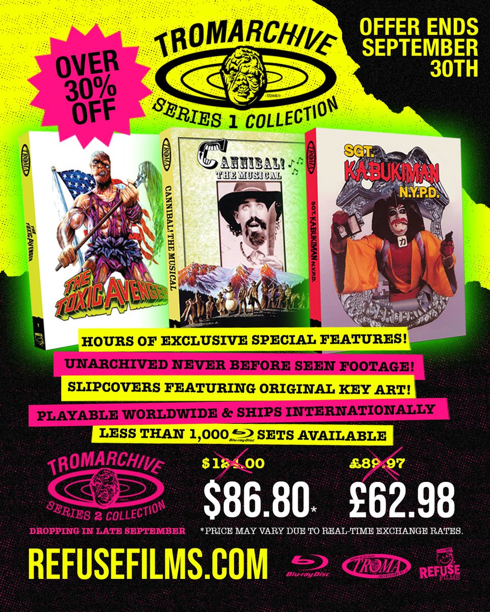 Liam Regan (@refuseliam) on Twitter photo GET TROMATIZED! Over 30% OFF TromArchive Collection Series 1 Blu-ray Bundle. Playable Worldwide & Ships Internationally. Screw tariffs! refusefilms.com GET TROMATIZED! Over 30% OFF TromArchive Collection Series 1 Blu-ray Bundle. Playable Worldwide & Ships Internationally. Screw tariffs! refusefilms.com