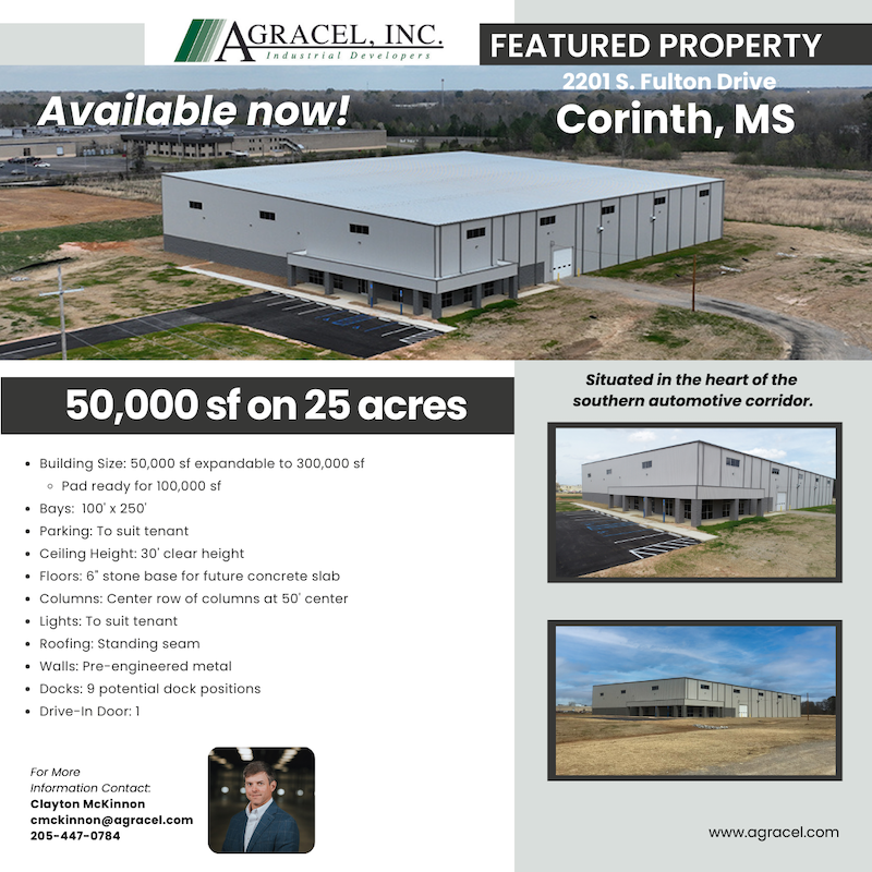GrowWithAgracel's tweet image. Featured Available Property in Corinth, Mississippi! Ready-to-go industrial space in the heart of the southern automotive corridor! Reach out to Clayton McKinnon to see how this facility can meet your needs. #CRE #WeDevelop #MoreThanJustBuildings #Industrial