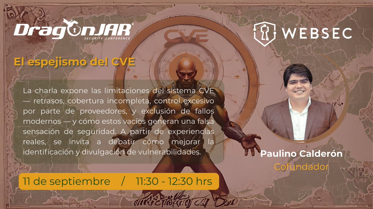 _websec's tweet image. Hoy empieza la @DragonJARCon, y mañana @calderpwn abrirá el debate con su charla "El espejismo del #CVE" a las 11:30 hrs - #Colombia.