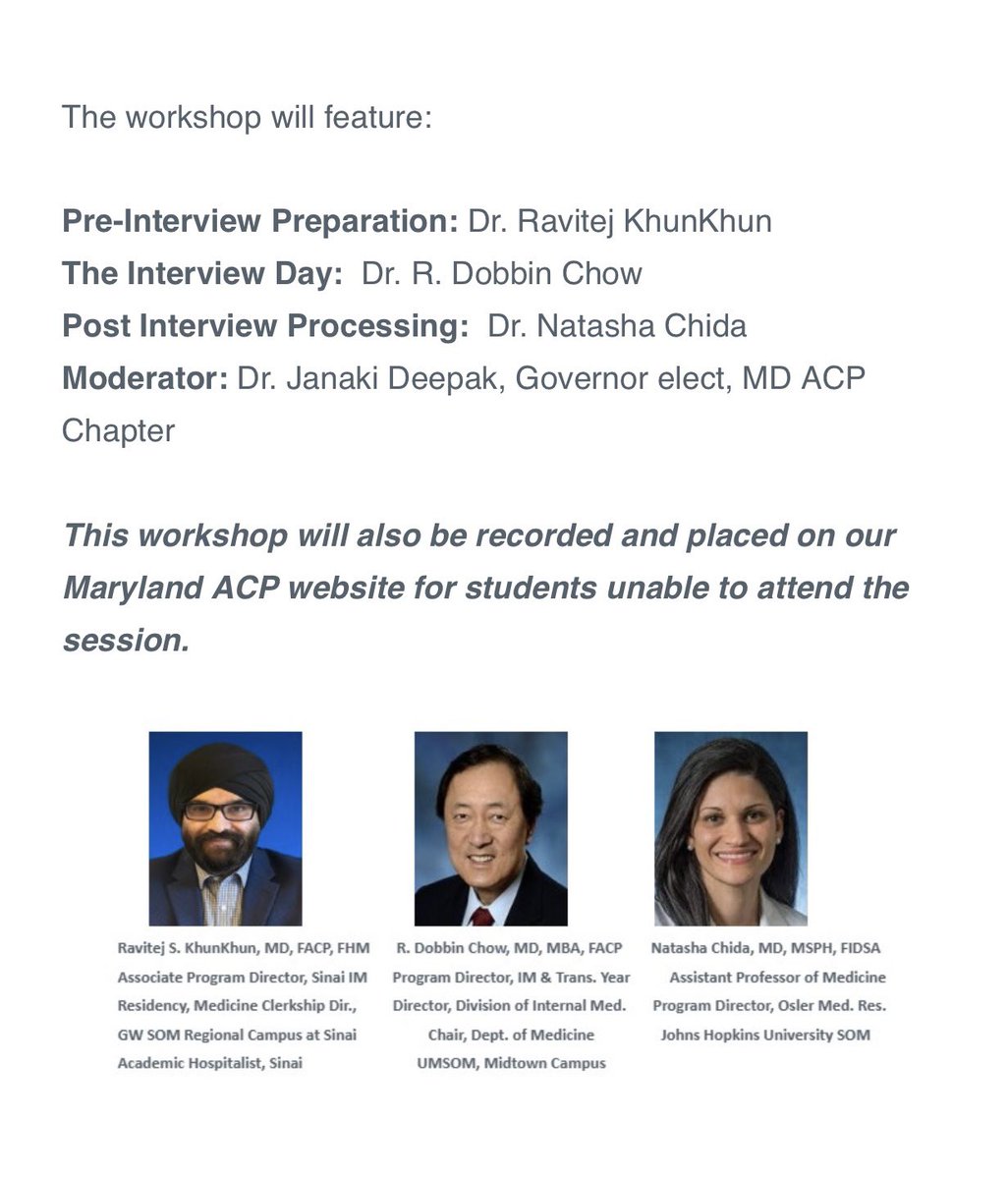 🎓 Medical Students!
Join us for an expert-led workshop on Interview Preparation for residency! 🌟
<a href="/AcpMaryland/">ACP Maryland</a> 
#MedTwitter #ResidencyPrep #MedStudents #IMMatch #ACP