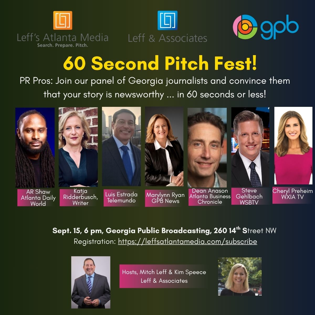 One week to go! Calling PR and communication pros to sign up for "60 Second Pitch Fest", a fun and fast-paced event, organized and moderated by our own Board member <a href="/MitchLeffPR/">Mitch Leff</a> and hosted at <a href="/gpbnews/">GPB News</a> in Atlanta. #theartofpitching #prpitchfest #60secondpitchfest