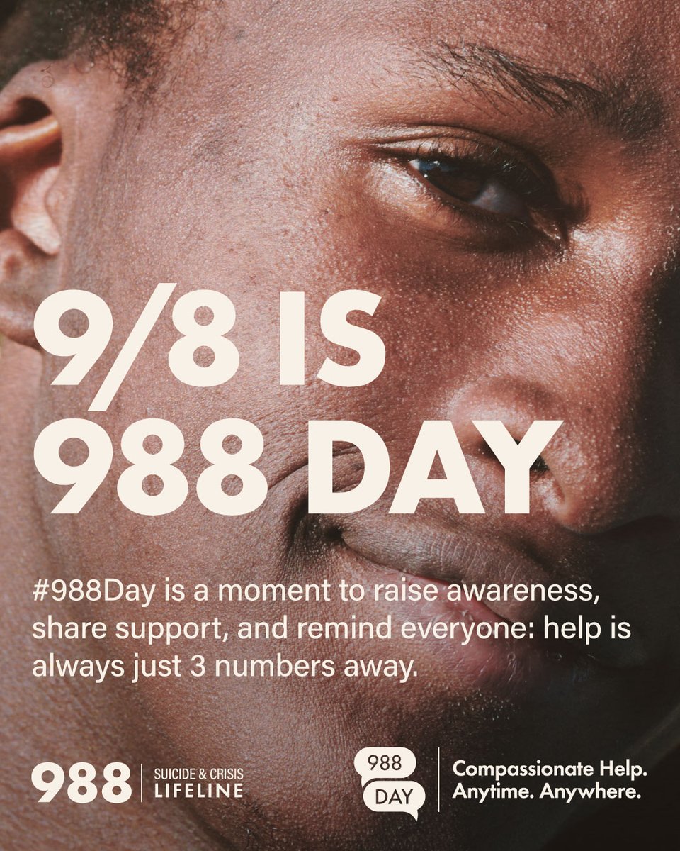 #988Day is a powerful moment to amplify life-saving resources and remind others: help is just 3 numbers away.
Compassionate help. Anytime. Anywhere.

Repost to help spread the word.