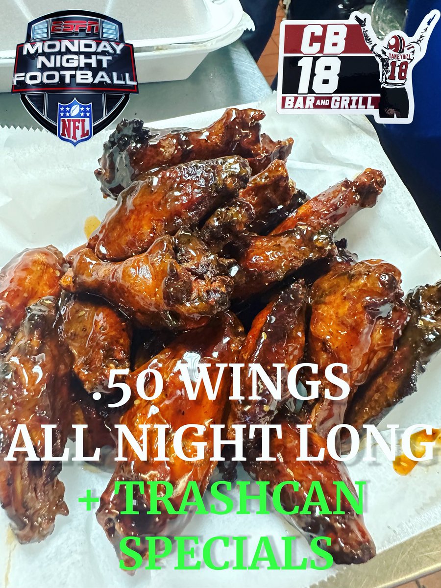 COME TRY THE SAME WINGS THE “COCKBLOCKER OF THE WEEK” gets to enjoy TONIGHT FOR ONLY .50!!!

Monday Night Football on and WING AND TRASHCAN DEALS!
