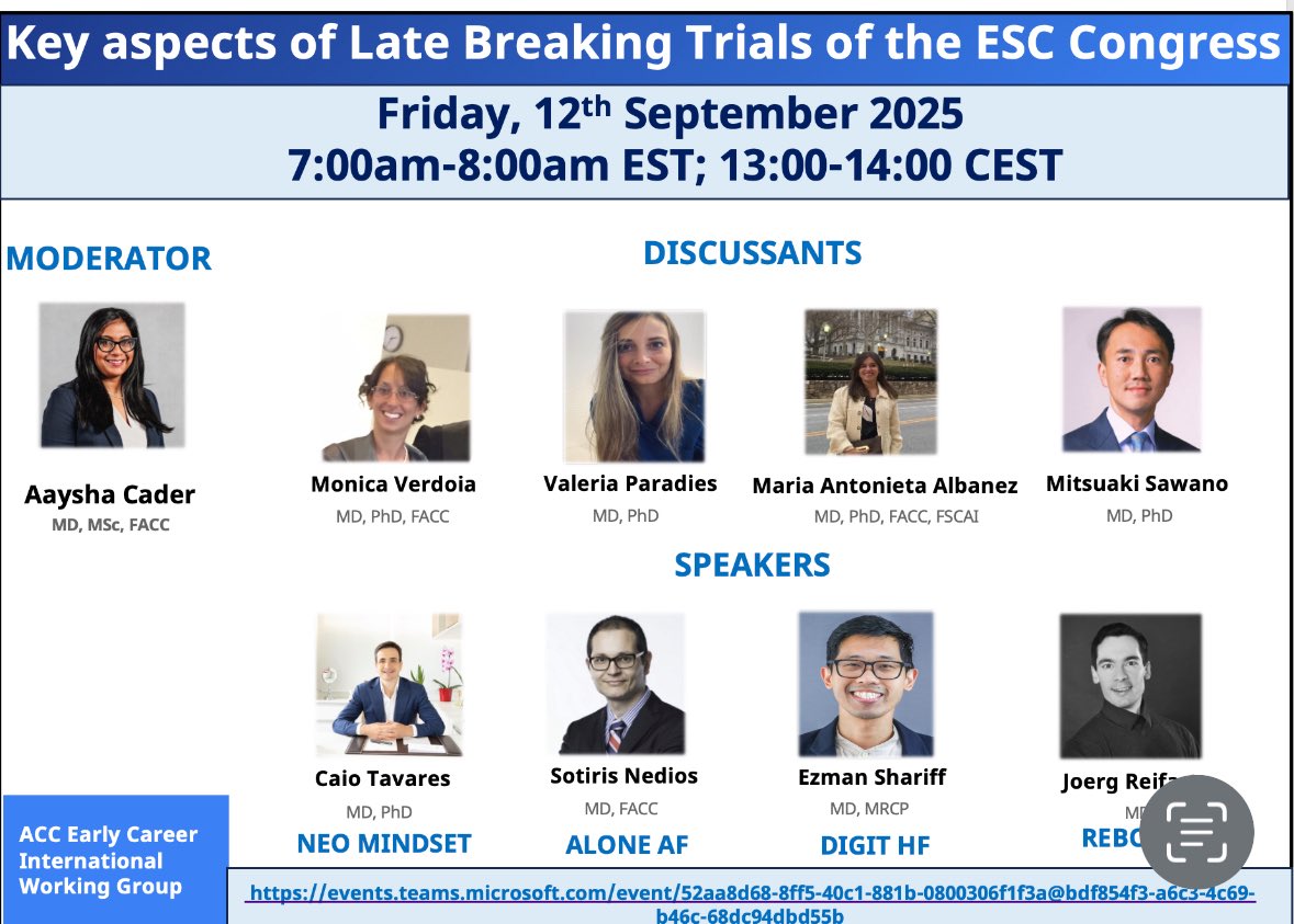 Join the #ACCEarlyCareer International Work Group as we cover insights from impactful late-breaking trials from #ESCCongress 2025. 
Everyone is invited, ACC members &amp; non-members
🗓️Friday, 12 September
🕣0700-0800 EST; 1300-1400 CEST

Register FREE:
events.teams.microsoft.com/event/52aa8d68…