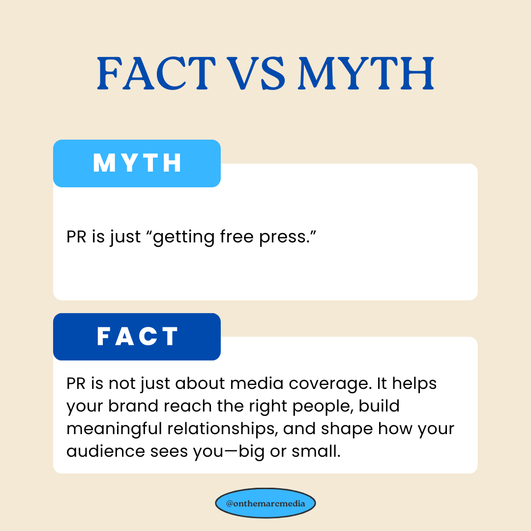 onthemarcmedia's tweet image. Think PR is just about "getting free press"? Effective PR is about delivering the right message to the right audience so they take action—whether that's generating leads, driving donations, or building the relationships that fuel real business growth.
#FactVsMyth #PRStrategy