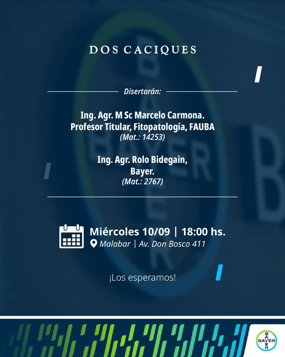 🌾Te invitamos a un encuentro exclusivo donde vamos a hablar sobre estrategias para el control de enfermedades, de la mano de especialistas y con la presentación de Iblon Pro, la nueva solución de Bayer.

📅 Miércoles 10/09 – 18 hs
📍 Malabar (Av. Don Bosco 411)

¡Te esperamos!