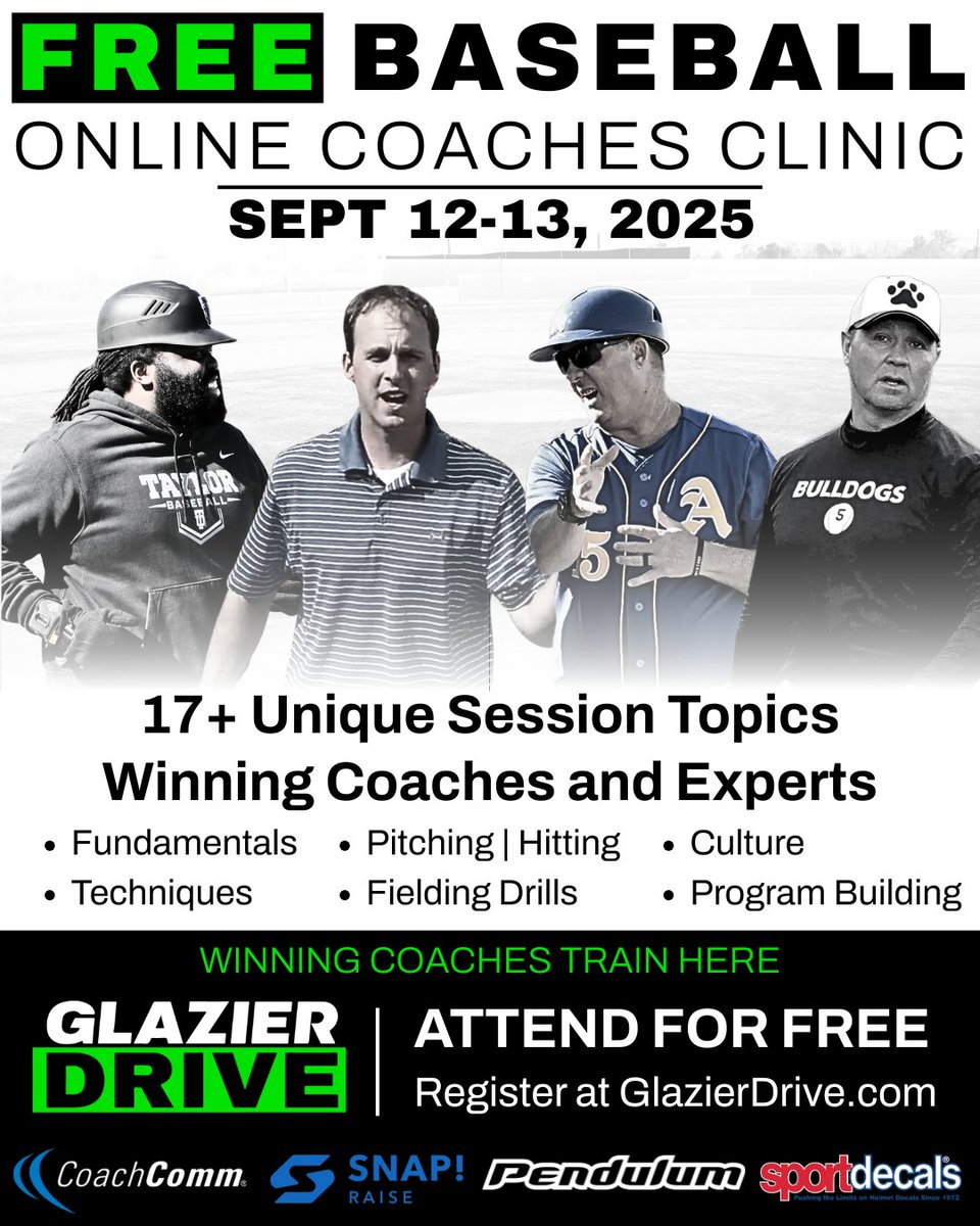 BaseballToolbox's tweet image. Glazier is hosting a FREE online baseball coaches clinic this Fri &amp;amp; Sat, Sept. 12-13. 

Register:  glazierclinics.com/sept-multispor… 

Featured speakers:

Greg Sullivan, Asst Coach, Boston College Jeremiah Knackstedt, MGR SF Giants Single-A Tim Funkhouser Head Coach, Edwardsville HS (IL)