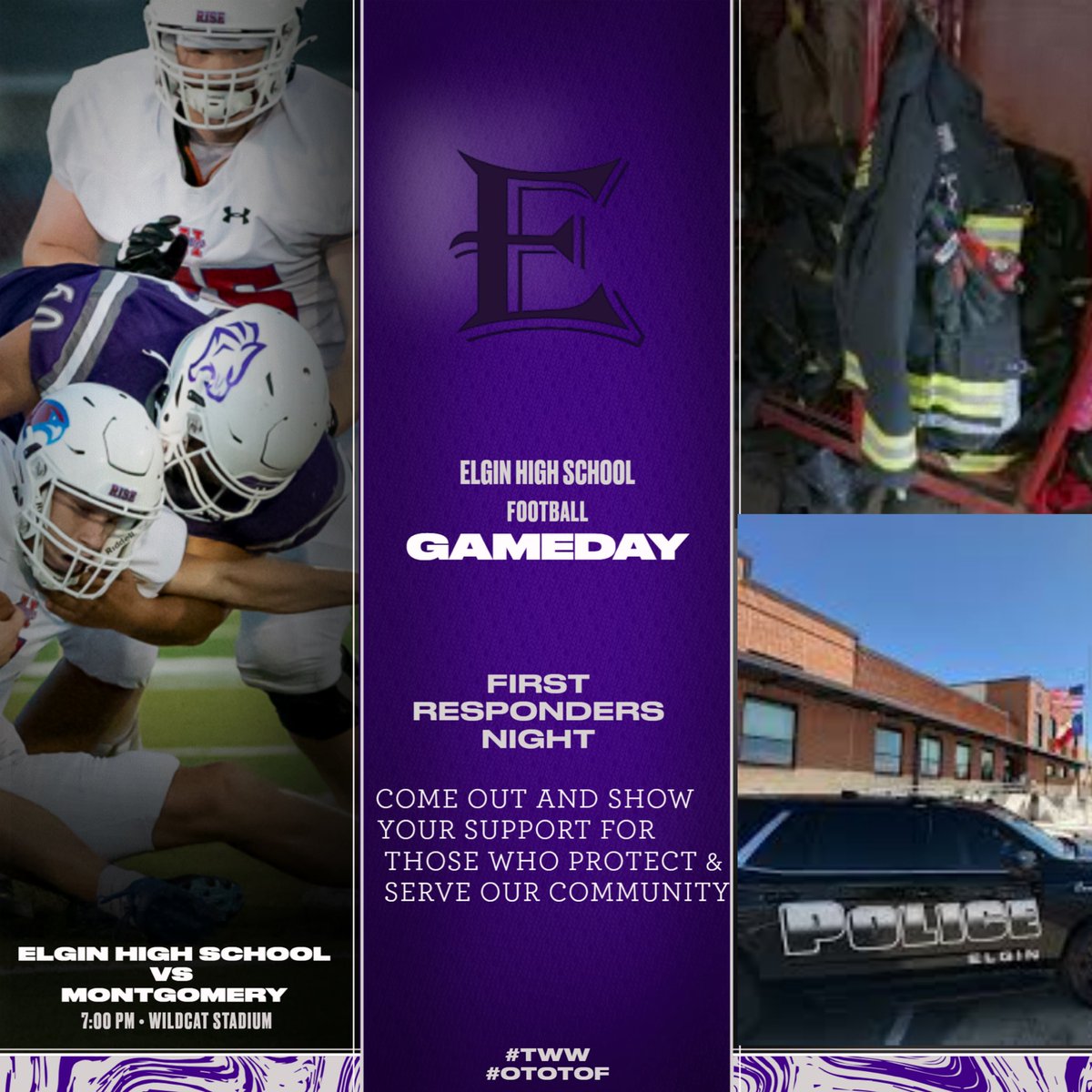 FRIDAY NIGHT LIGHTS THIS FRIDAY!🐾
Elgin vs Montgomery | 7PM @ Wildcat Stadium
It’s First Responders Night—come out &amp; honor those who protect &amp; serve our community! 🚒🚓🚑

#TWW #OTOTOF