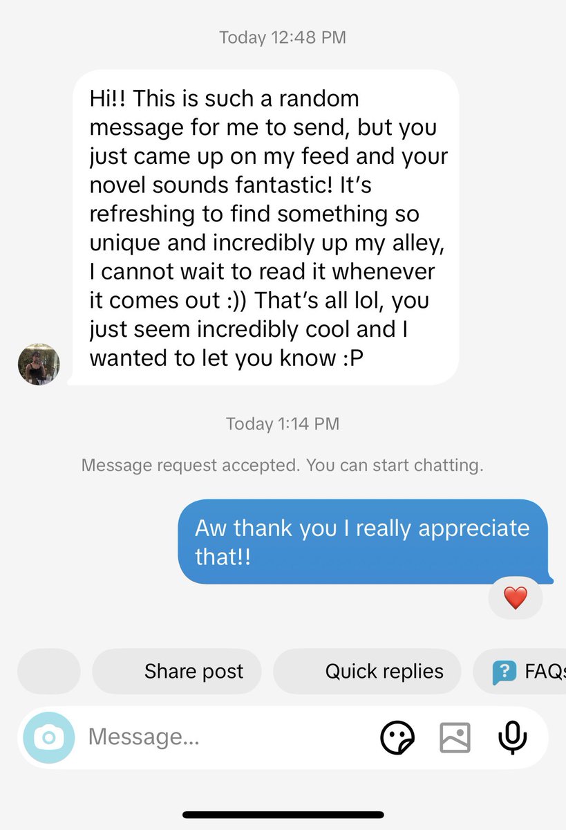 I’m so torn between self-pub and trad pub for my zombie apocalypse book. 

I have an agent, but I kinda just want this book out nowww. It’s gotten SO much positive feedback on TikTok 

Like this message today 😭🩷 #WritingCommunity #writer
