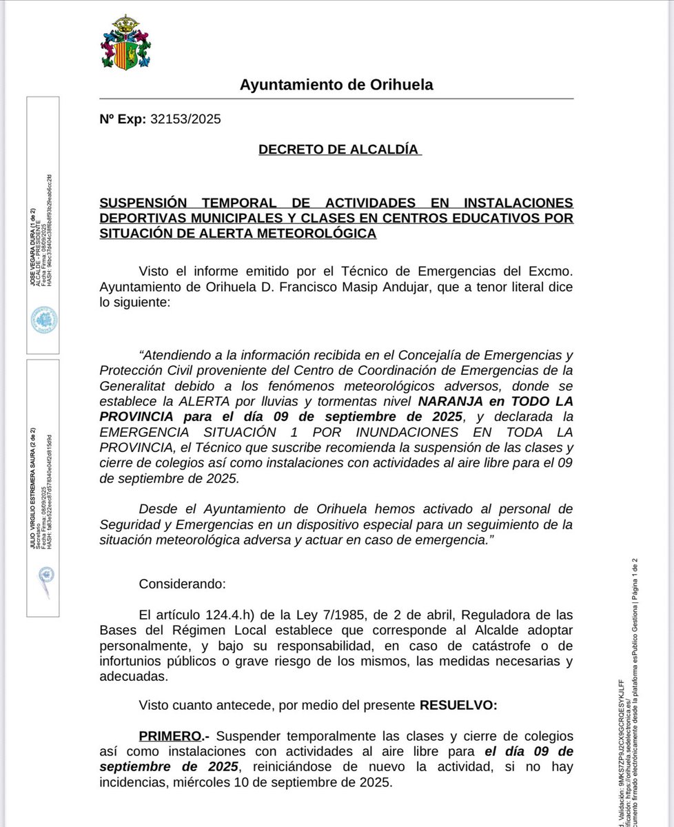 📣📣Por decreto del Ayuntamiento de Orihuela SE SUSPENDEN las clases durante la jornada de mañana 9 de septiembre 2025 por alerta meteorológica. El centro permanecerá cerrado y se trasladan al miércoles 10 las actividades programadas y en el mismo horario. 
¡Mucha precaución!