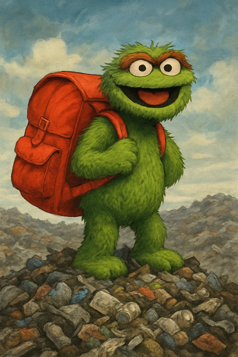 一个背着红色背包的绿色怪物站在垃圾堆上，象征 Backpack 在混乱时期的安全性
