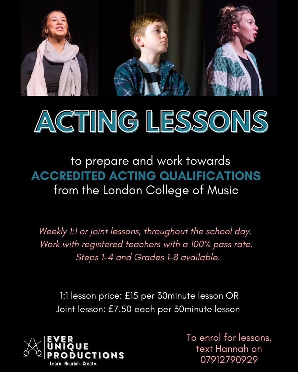 🎭 Acting Lessons with Ever Unique Productions

— Weekly 1:1 or joint lessons available
— Work towards accredited acting grades
— 100% pass rate last term, with 95% distinctions!
— Spaces now open for Wednesdays starting 17th Sept

💬 Text Hannah on 07912790929 to book your spot!