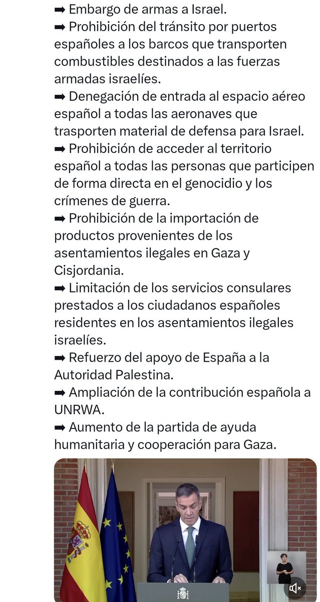 İspanya İsrail’e karşı yeni kararlar aldı… Avrupa’da bu adımı atan ilk ülke oldu.

İspanya Başbakanı Pedro Sánchez az önce şu kararları duyurdu:

🔴 İsrail’e yönelik bütün silah satışları yasaklandı.
🔴 İsrail ordusuna yakıt taşıyan gemilerin İspanyol limanlarından geçişi