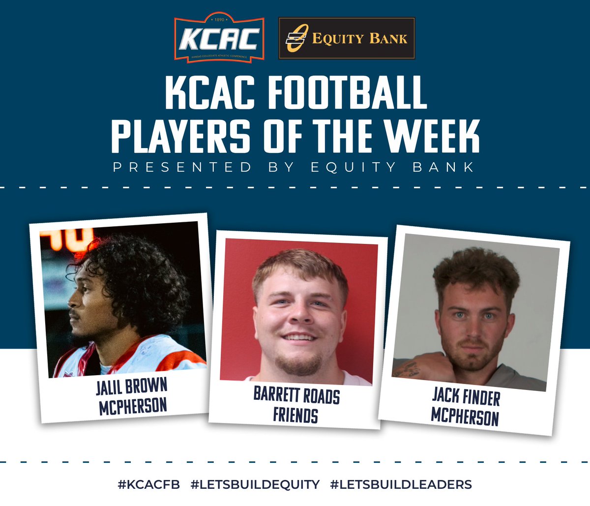 Jalil Brown of <a href="/MAC_Bulldogs/">McPherson Athletics</a>, Barrett Roads of <a href="/FriendsFalcons/">𝗙𝗥𝗜𝗘𝗡𝗗𝗦 𝗙𝗔𝗟𝗖𝗢𝗡𝗦</a>, and Jack Finder, also of McPherson, Earn KCAC Football Weekly Honors, presented by <a href="/EQUITYBANK/">Equity Bank</a>! #KCACfb #LetsBuildEquity #LetsBuildLeaders

kcacsports.com/news/2025/9/7/…

<a href="/NAIA/">NAIA</a> <a href="/NAIAFBALL/">NAIAFBALL</a>