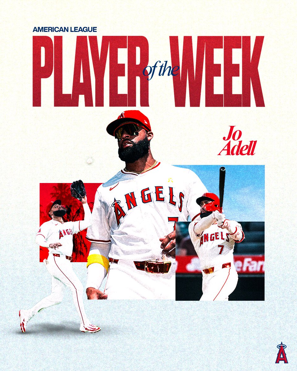 Angels's tweet image. JOTEMBER IS IN FULL SWING 🗓️

Congratulations to Jo Adell on being named the American League Player of the Week, having hit .407 (11/27) with 5 HR, 12 RBI, and a 1.000 slugging percentage!
