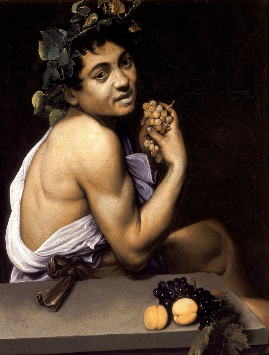 AUTOPORTRAIT EN BACCHUS (BACCHUS MALADE) Caravage, c. 1595 - Galerie Borghèse, Rome
Bacchus tient une grappe de raisins verts contre sa poitrine, comme s’il allait presser le jus du fruit divin.
musee-virtuel-vin.fr/dionysos-bacch…