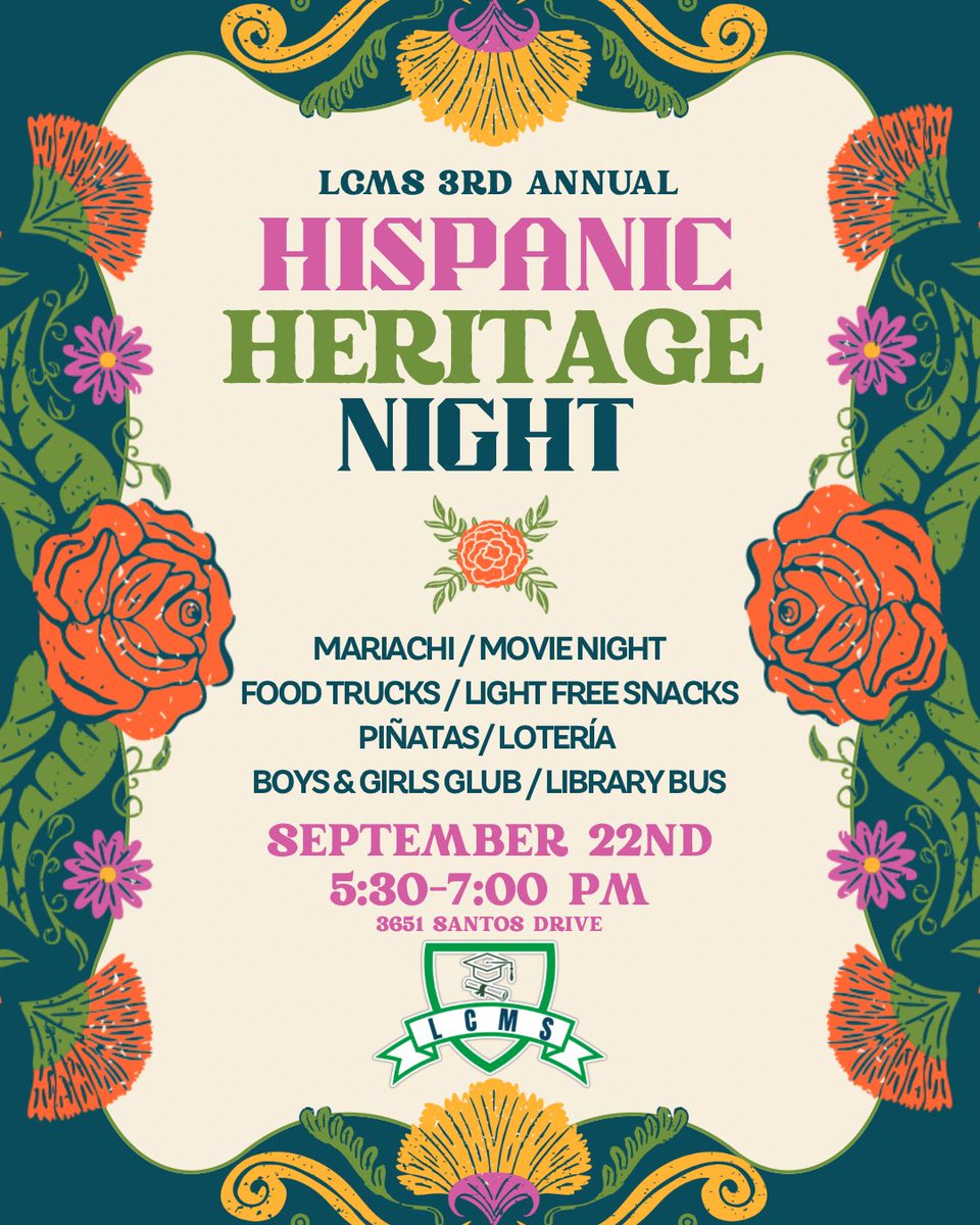 Hispanic Heritage Night is back at LCMS! Monday, Sept 22 from 5:30–7:00. We’ll have mariachi, a movie, food trucks, piñatas, lotería, and more. It’s one of my favorite nights on campus (alongside Parade of Trees - <a href="/yokiton/">Antonio Tijerina</a>), come hang out with us!