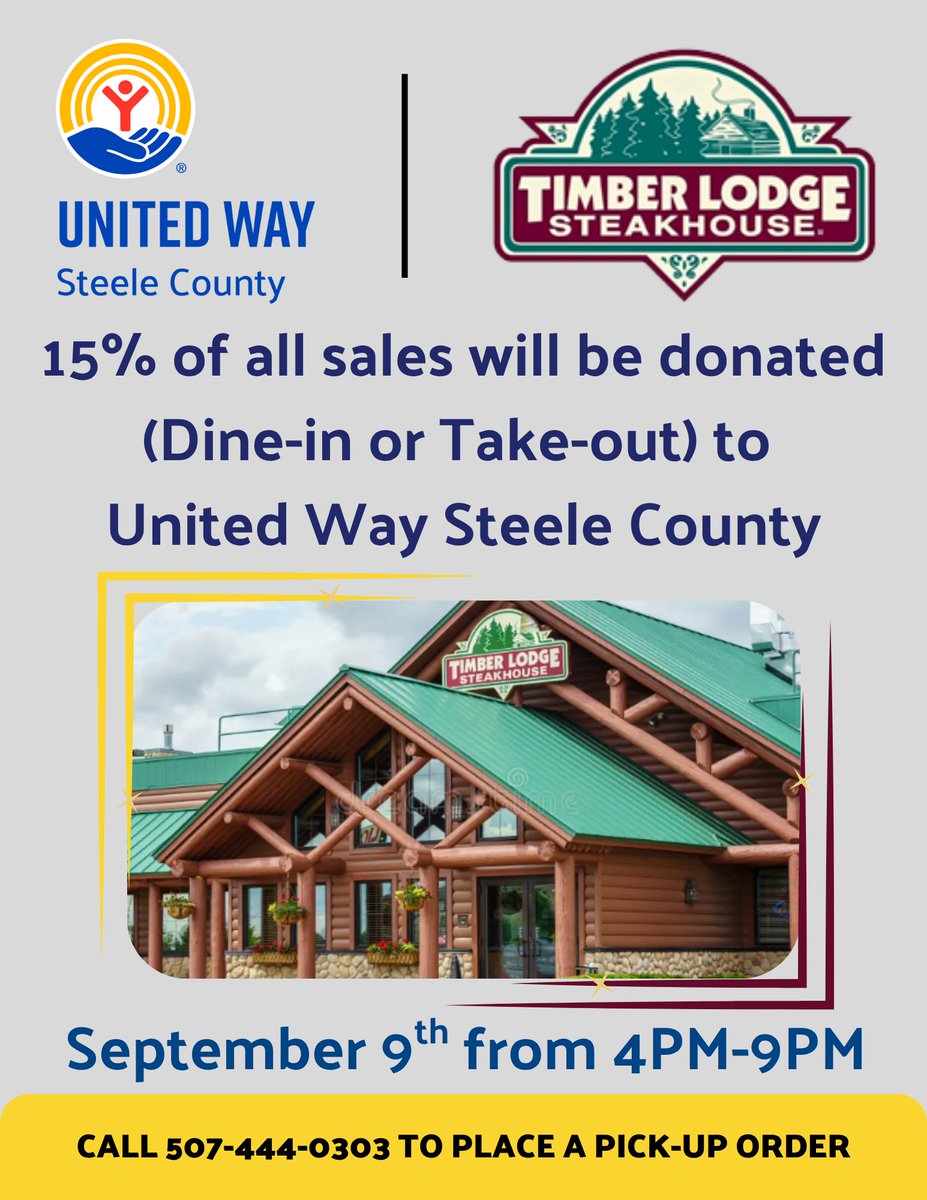 Great idea for dinner tomorrow night! Timber Lodge - Owatonna! In the mood for a burger? It's burger basket night on Tuesday at Timber Lodge! Otherwise try one of their spectacular steaks or other terrific entrees. 15% of all sales 4-9pm on Sept 9 come to this year's campaign.