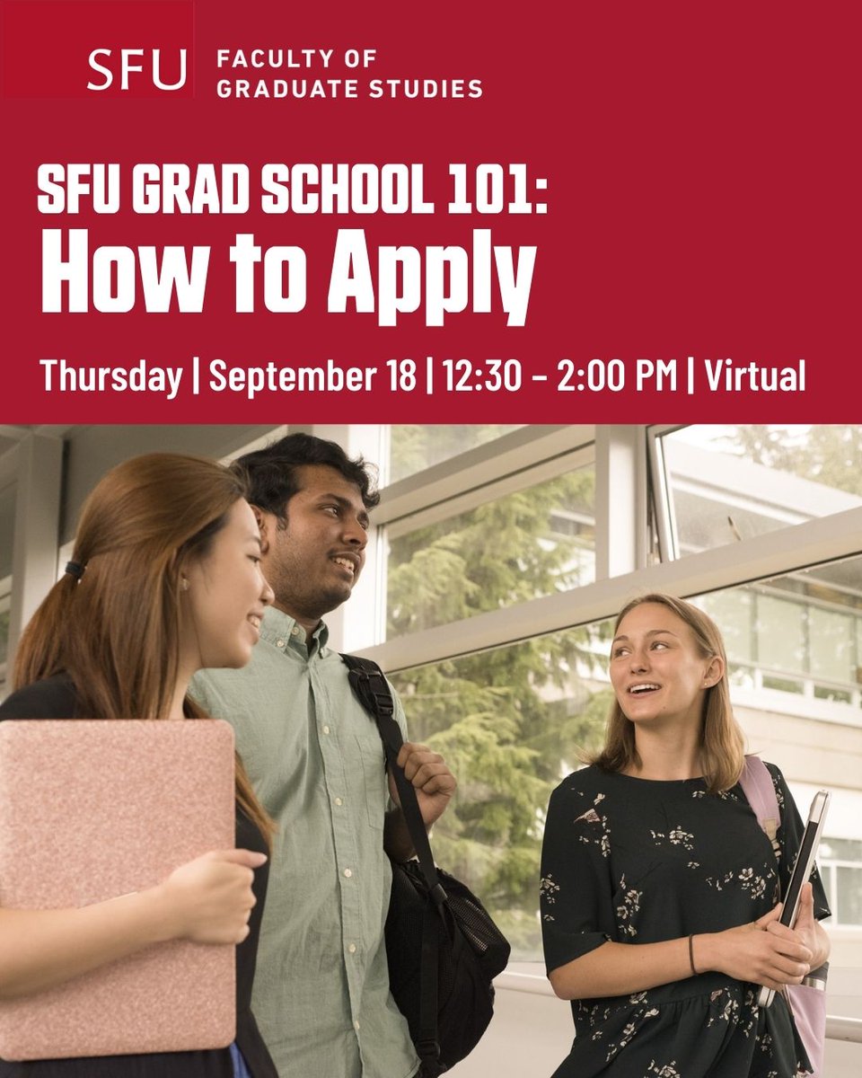 Thinking of graduate school at SFU? Join this webinar to get your questions answered by the Faculty of Graduate Studies and program representatives.
🔗RSVP by Sept 15 | 9 AM | f.mtr.cool/ykizfeiota
👉Review Common Applicant Questions &amp; Answers | f.mtr.cool/dhiaetmixm