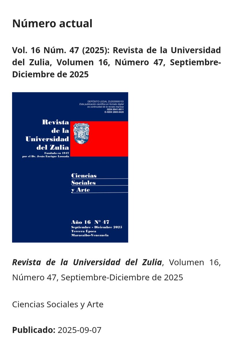 Te invitamos a conocer nuestra edición septiembre -diciembre de 2025. 
Revista de la Universidad del Zulia, úmero 47. 
produccioncientificaluz.org/index.php/rluz